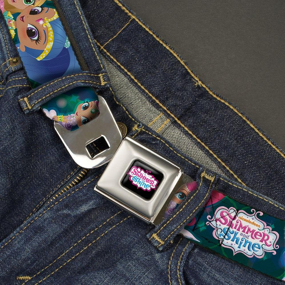 Nickelodeon Men's Buckle-Down Seatbelt Belt Kids, Shimmer/Shine Character Poses/Diamonds Blues/Greens, 1.0" Wide-20-36 Inches