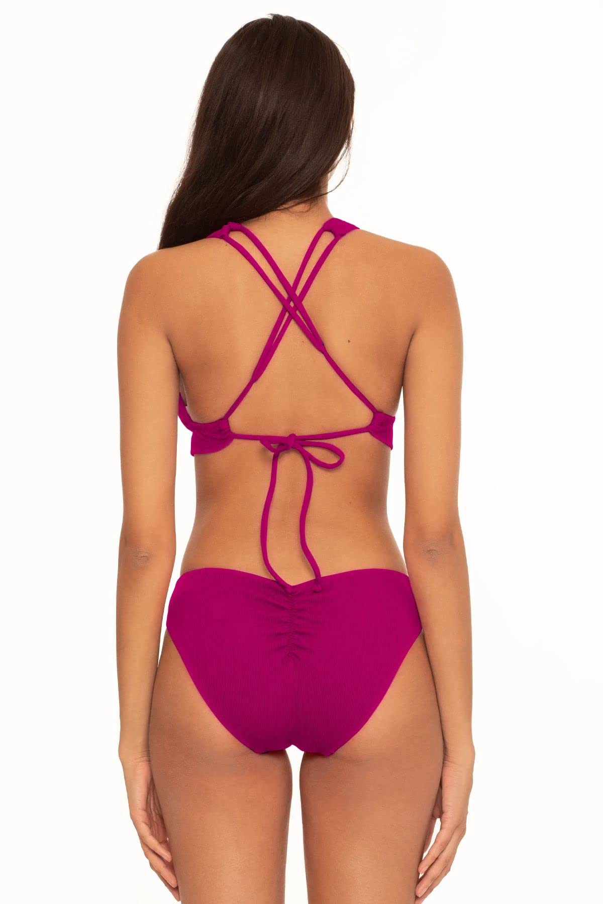 Becca by Rebecca Virtue Fine Line Rib Elaine Split Strap Halter Bra Top Pomegranate MD