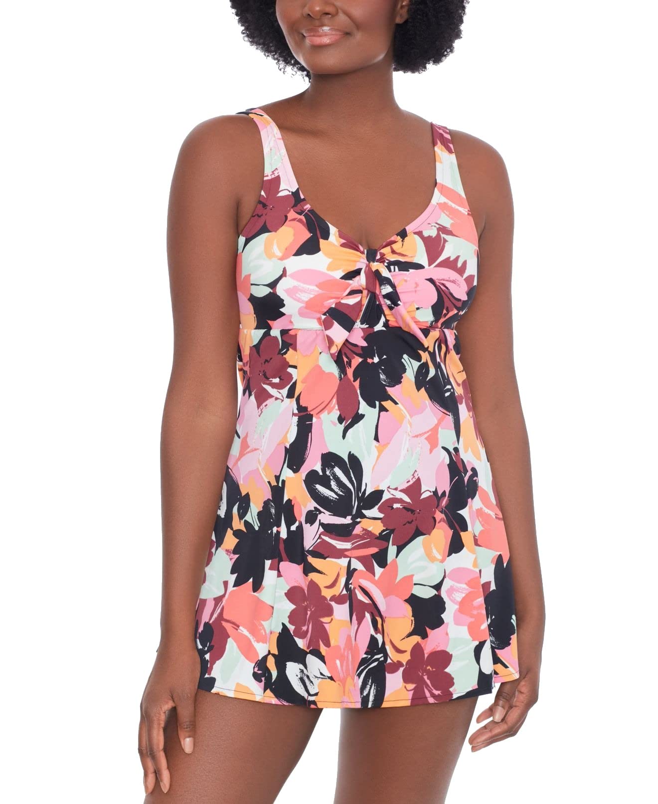 Swim Solutions Women's Black Printed Stretch Tummy Control Bust Support Waist Minimizer Sweetheart Fixed Cups Swimdress 16