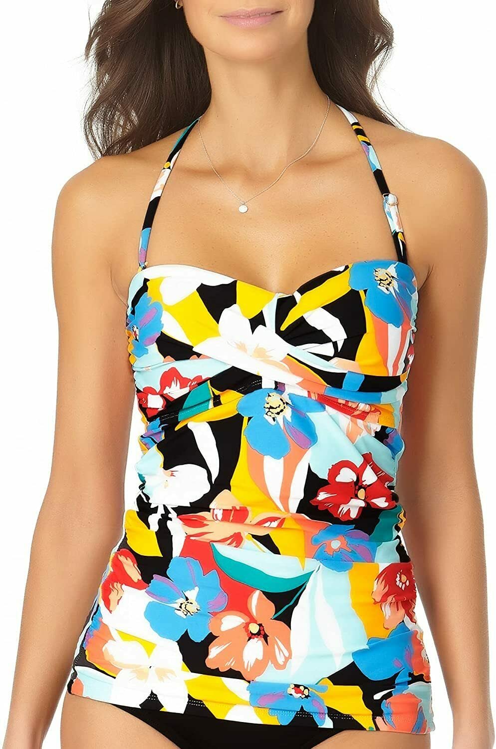 Anne Cole Women's Multi Color Tropical Print Stretch Lined Twist Front Molded Cup Bandini Swimsuit Top XL
