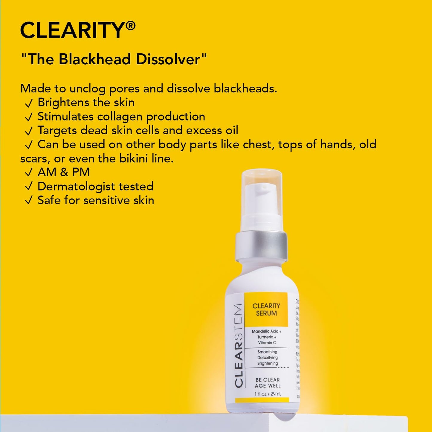 CLEARSTEM - CLEARITY The Blackhead Dissolver Mandelic Acid Serum - Vitamin C, Turmeric, Collagen Boost - All Skin Types - Facial Skin Care Products - Gluten Free, Cruelty Free - 1 fl oz / 29ml