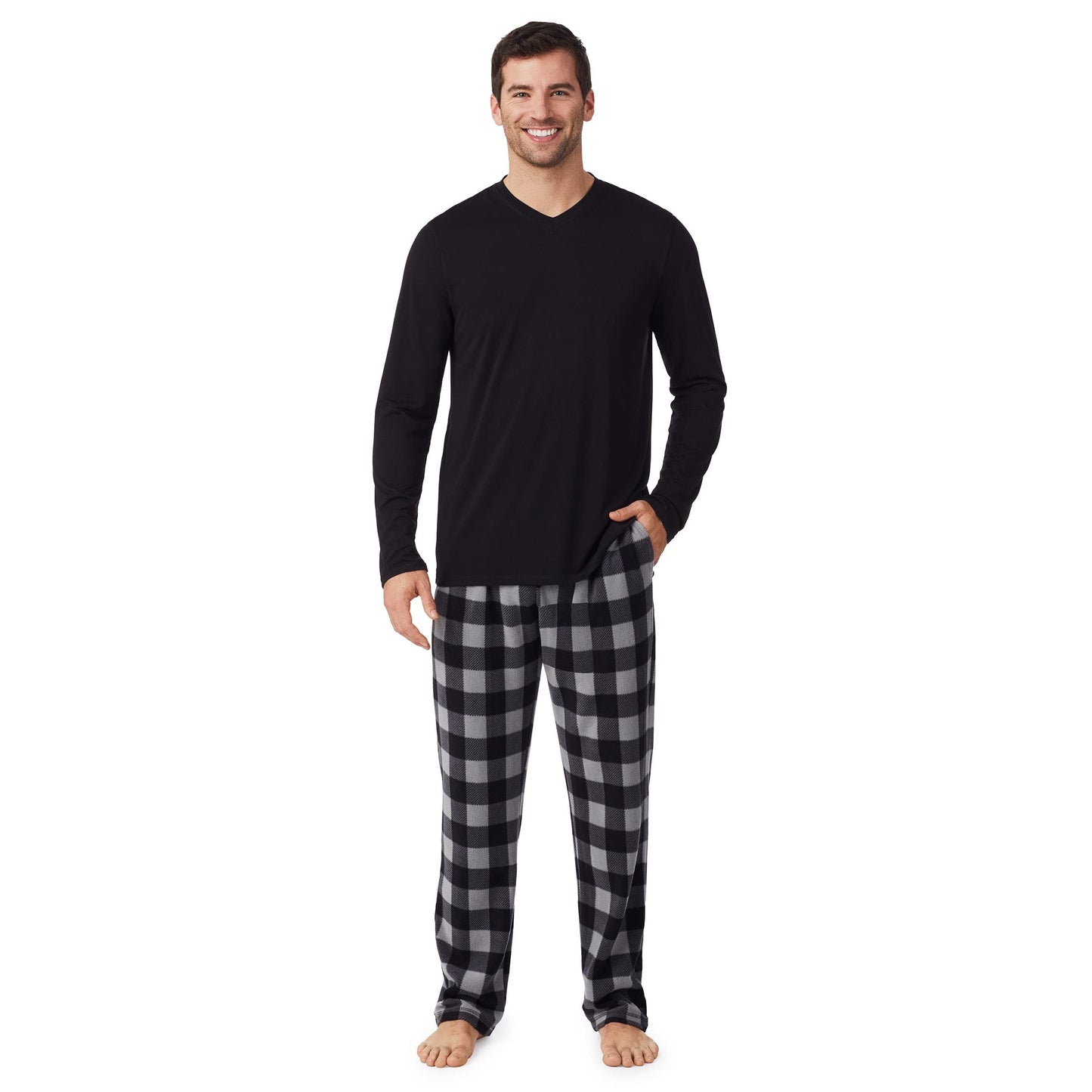 Mens Cabin Fleece Long Sleeve V-Neck Top and Pajama Pant 2-pc Set