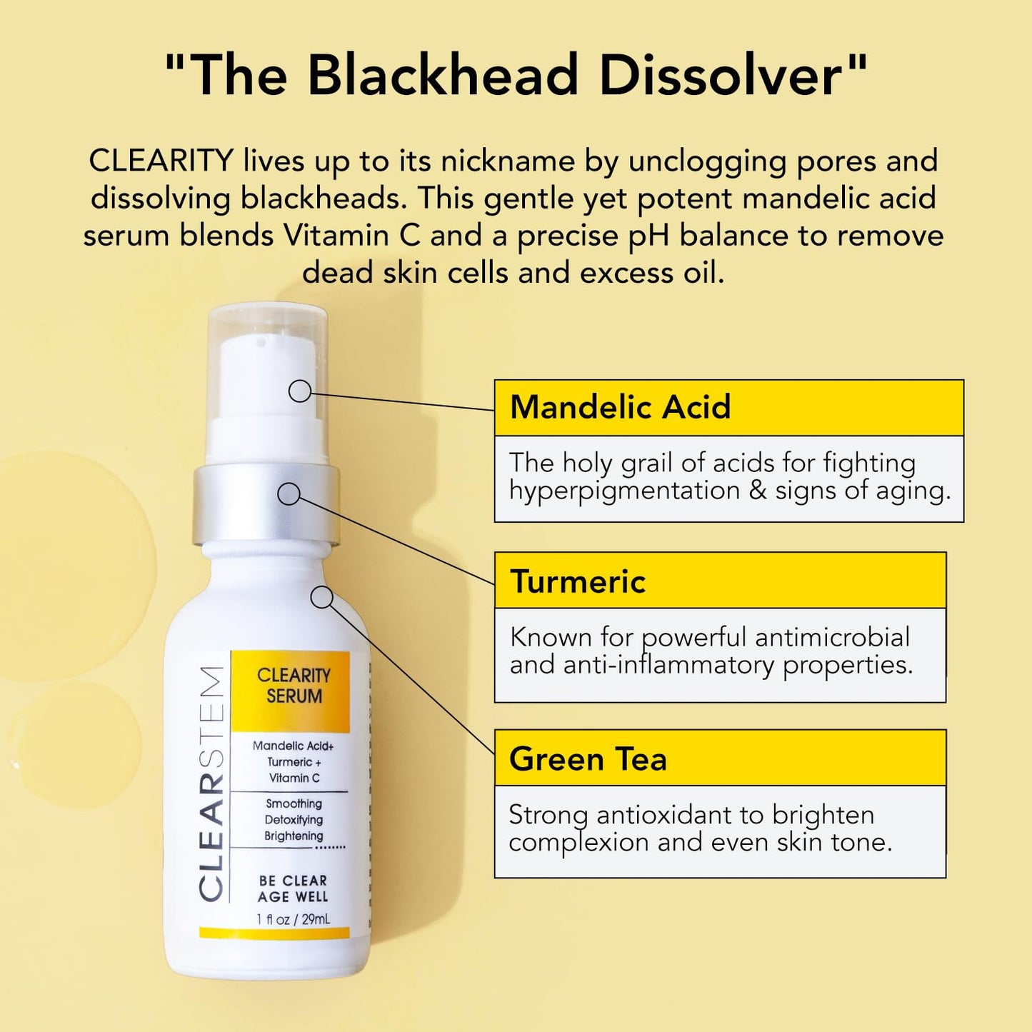 CLEARSTEM - CLEARITY The Blackhead Dissolver Mandelic Acid Serum - Vitamin C, Turmeric, Collagen Boost - All Skin Types - Facial Skin Care Products - Gluten Free, Cruelty Free - 1 fl oz / 29ml