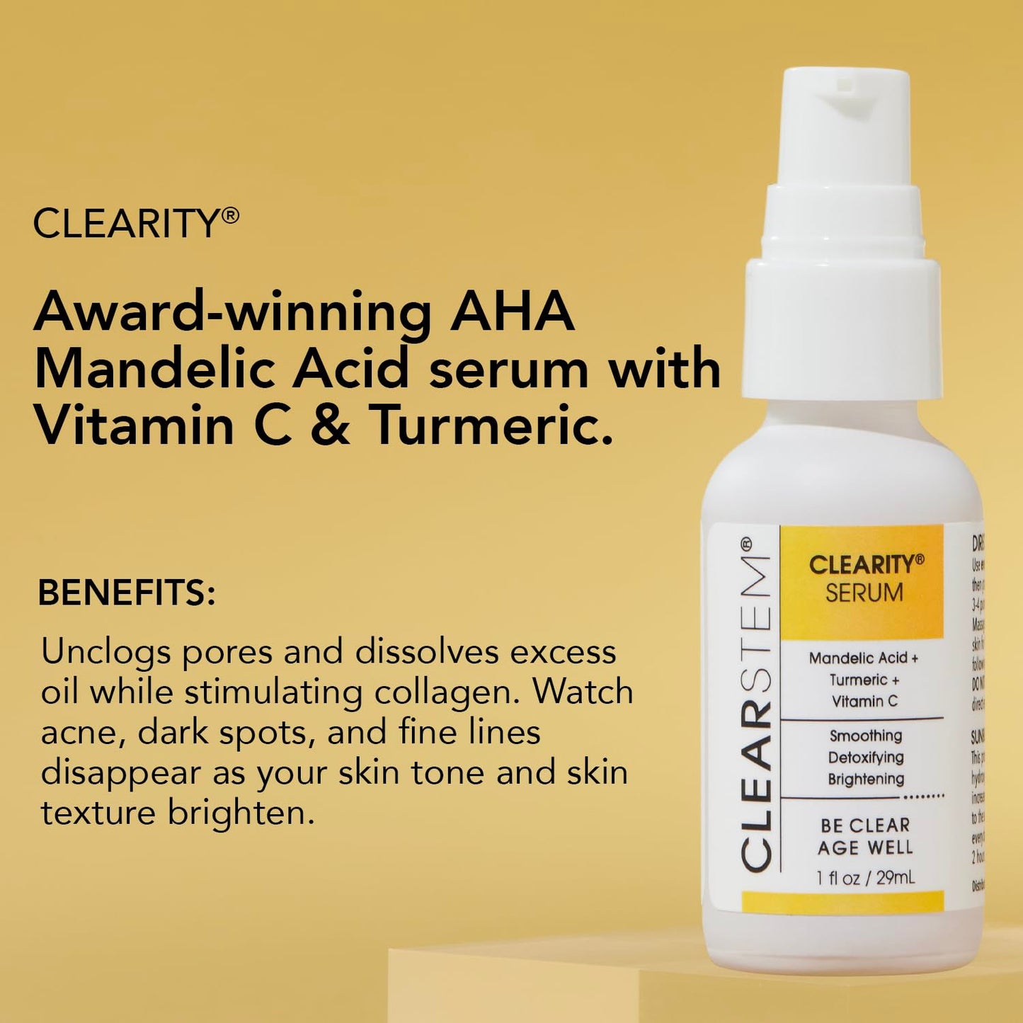 CLEARSTEM - CLEARITY The Blackhead Dissolver Mandelic Acid Serum - Vitamin C, Turmeric, Collagen Boost - All Skin Types - Facial Skin Care Products - Gluten Free, Cruelty Free - 1 fl oz / 29ml