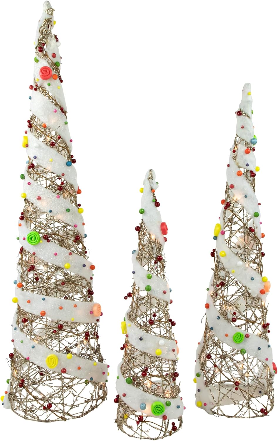 Northlight Set of 3 Lighted Champagne Gold Rattan Candy Covered Cone Tree Christmas Outdoor Decorations 39.25"