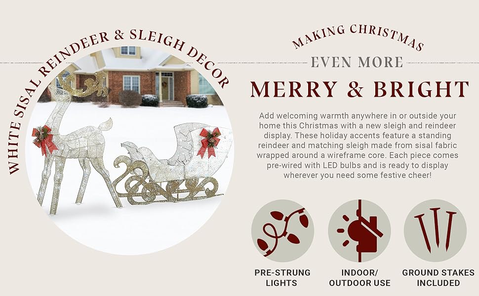 National Tree Company Prelit 48" White & Gold Sisal Reindeer and 24" Sleigh Outdoor Christmas Holiday Yard Decoration with 140 Cool White LED Lights