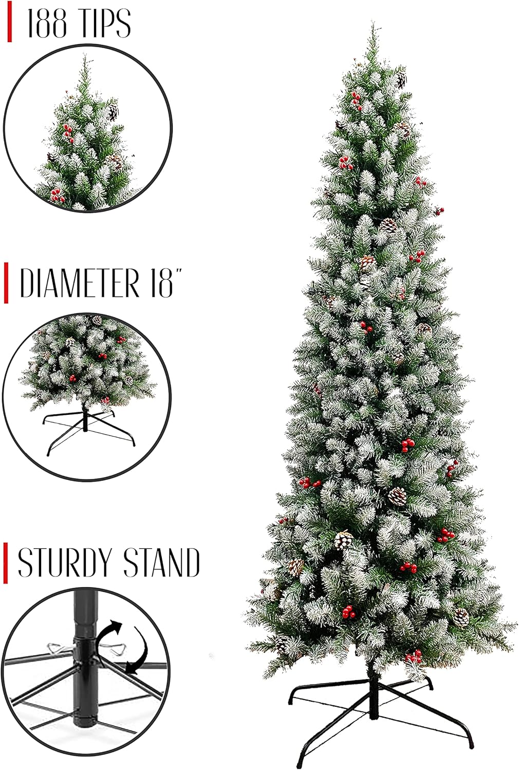 Perfect Holiday 4' Frosted Norwood Pencil Pine with Pine Cones/Red Berries | 188 Tips, Dia 18" Like New