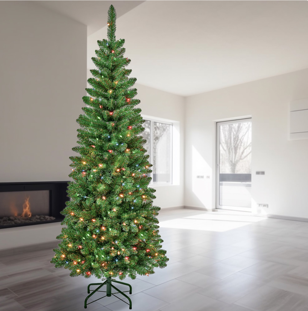 National Tree Company Pre-Lit Artificial Pencil Slim Christmas Tree, Rowan, Green, Multicolor Lights, Includes Stand, 6 Feet.