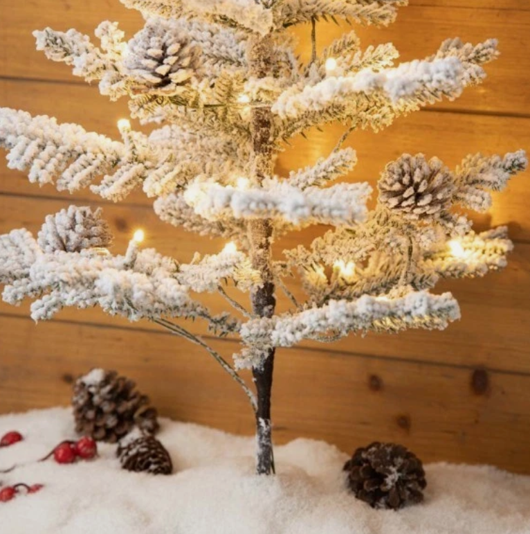 Glitzhome 2' Pre-Lit Upward Wrapped Flocked Pine Artificial Christmas Greenery Table Tree with 20 Warm White Lights