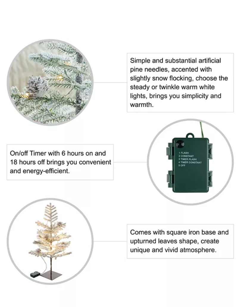 Glitzhome 2' Pre-Lit Upward Wrapped Flocked Pine Artificial Christmas Greenery Table Tree with 20 Warm White Lights