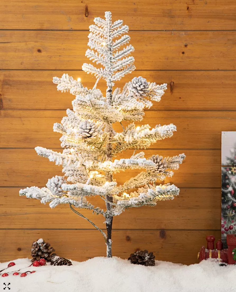 Glitzhome 2' Pre-Lit Upward Wrapped Flocked Pine Artificial Christmas Greenery Table Tree with 20 Warm White Lights