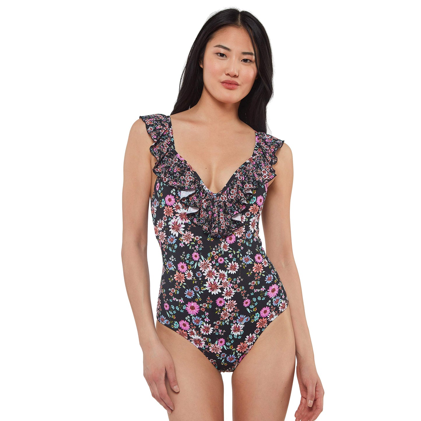 Jessica Simpson Women's Standard V Neck One Piece Swimsuit Bathing Suit