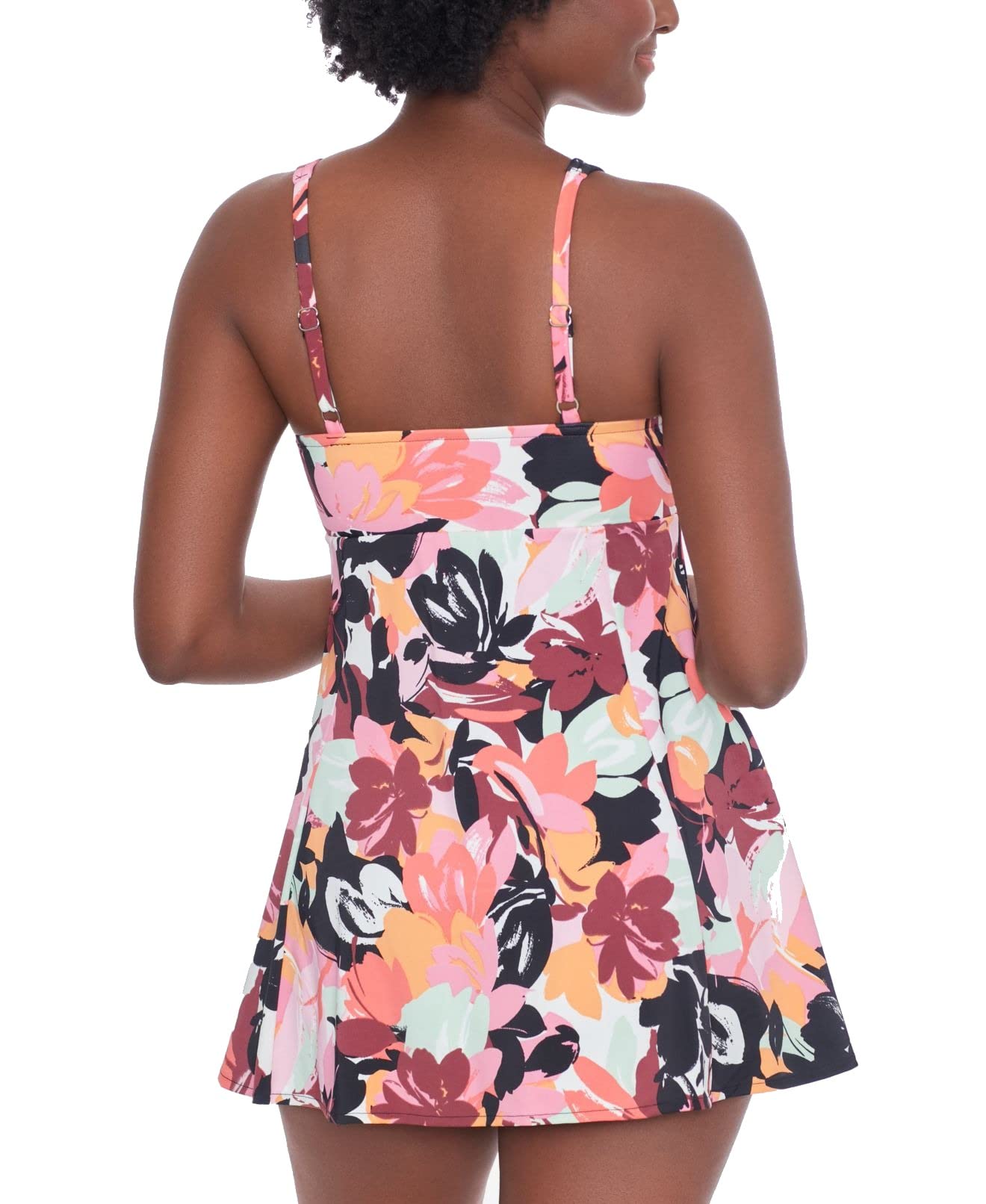 Swim Solutions Women's Black Printed Stretch Tummy Control Bust Support Waist Minimizer Sweetheart Fixed Cups Swimdress 16