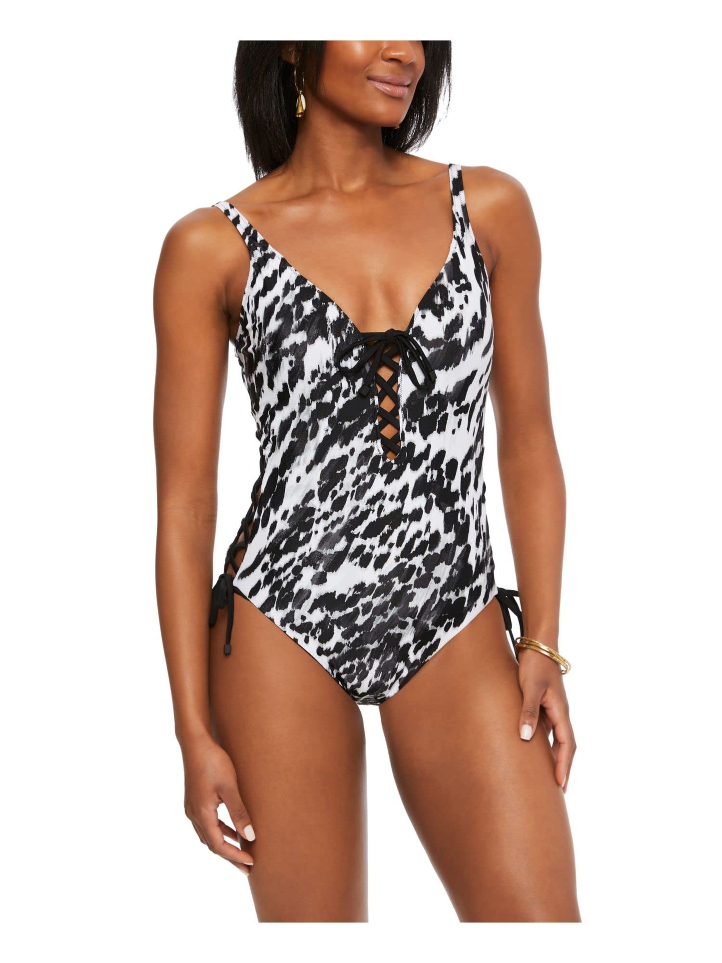 bar III Women's Black Printed Push-Up Lace-Up Stretch Deep V Neck Adjustable Heat Wave One Piece Swimsuit L