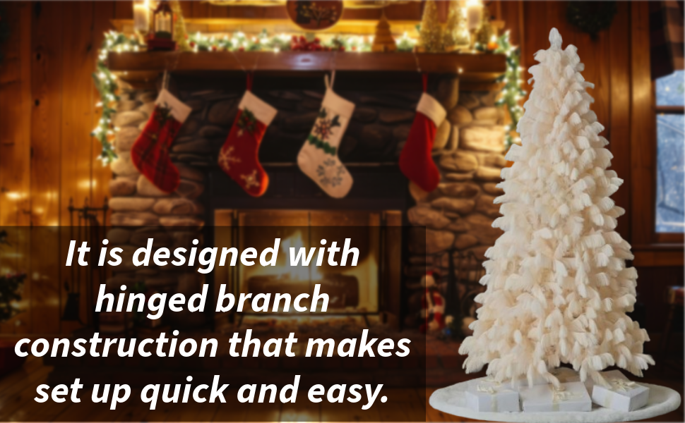 Seasonal LLC Pampas Christmas Tree | 7.5FT | 48" Diameter | Ivory | Hinged Branch Design | 7 Fire-Resistant and Non-allergenic | Folding Metal Tree Stand