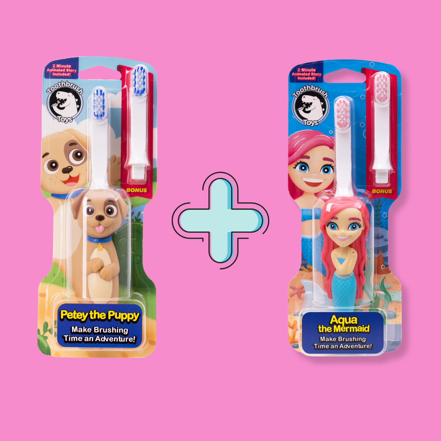 Toothbrush Toys Kids Character Toothbrush Set Bundle featuring Petey the Puppy and Aqua the Mermaid for fun brushing adventures.