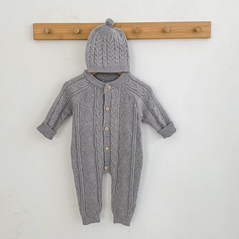 Autumn Arrival Unisex Baby’s Solid Color Geometric Jacquard Pattern Knitted Rompers-4