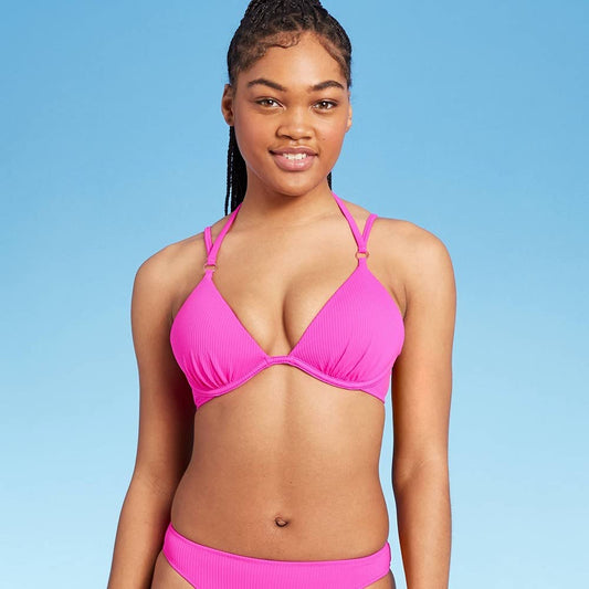 Shade & Shore Women's Lightly Lined Ribbed Cross Back Bikini Top Pink