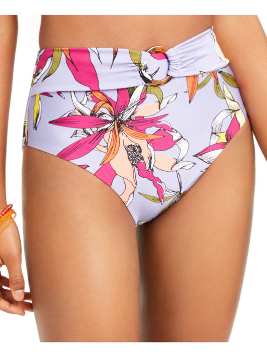 Bar III Women's Swim Large High-Waist Ring Bikini Bottom Purple L