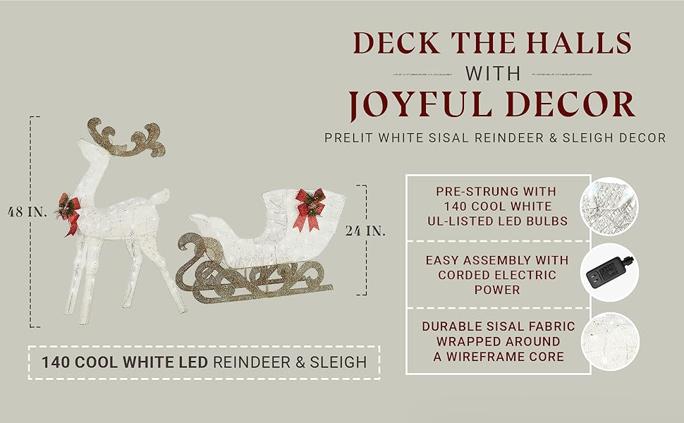 National Tree Company Prelit 48" White & Gold Sisal Reindeer and 24" Sleigh Outdoor Christmas Holiday Yard Decoration with 140 Cool White LED Lights