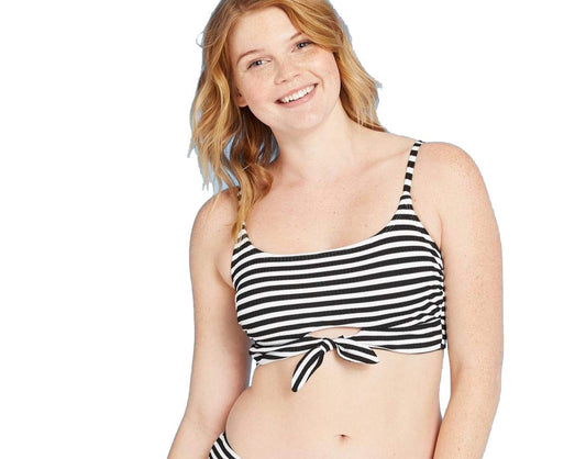 Xhilaration Juniors' Ribbed Tie-Front Bralette Bikini Top - Black/White Stripe - (Small)