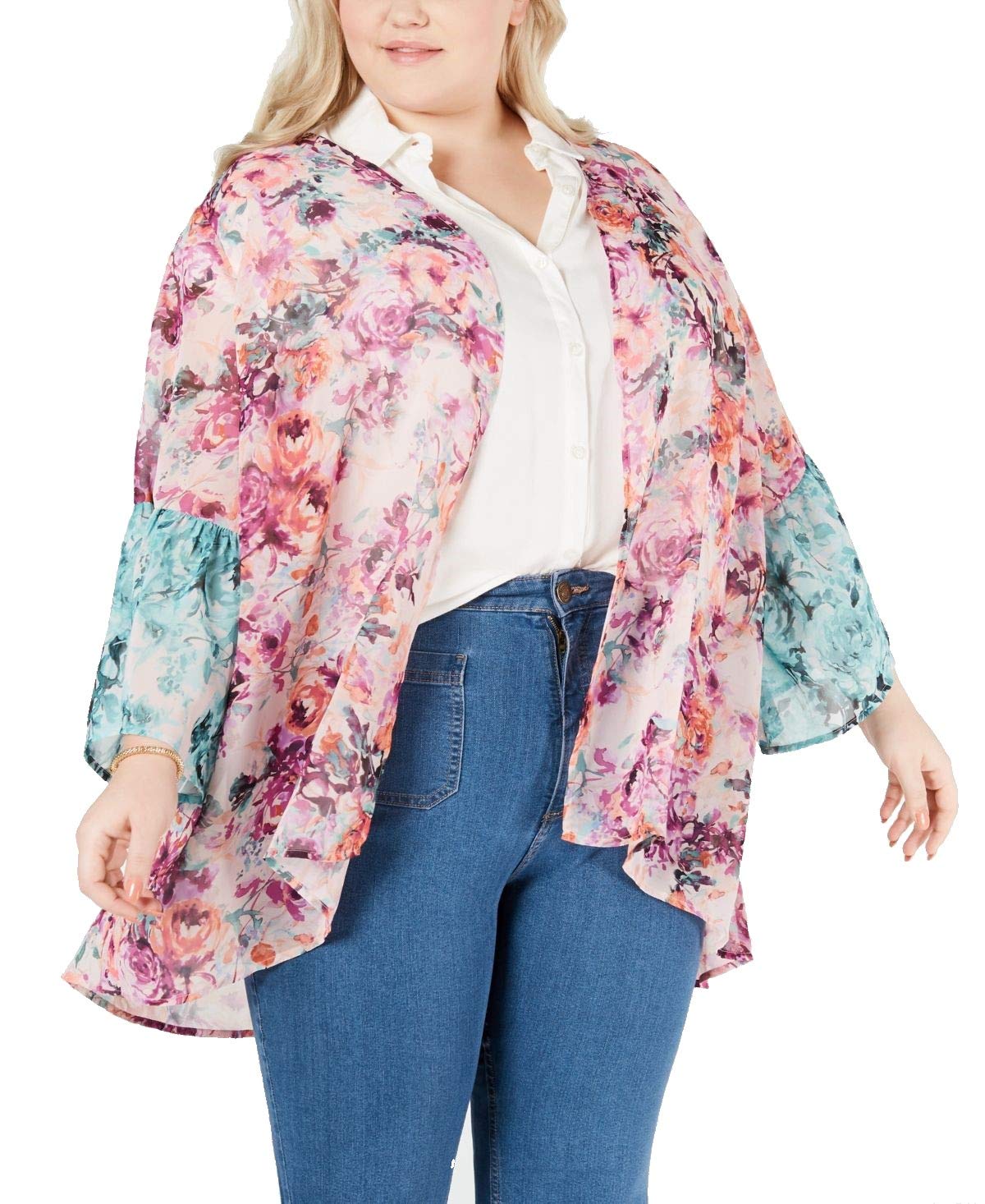 Style & Co. Womens Plus Sheer Floral Kimono Pink 1X