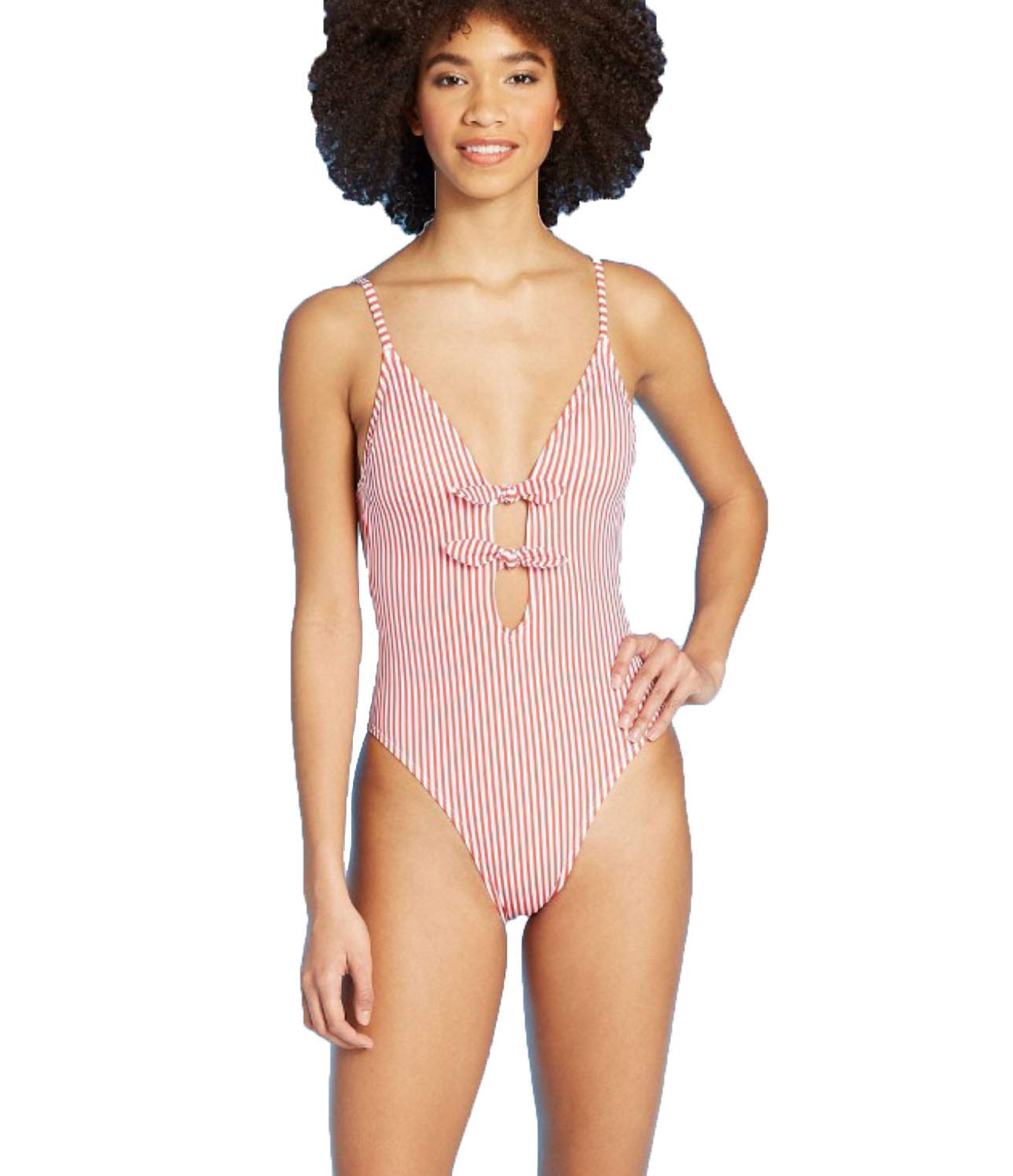 Xhilaration Juniors' Front Tie One Piece Swimsuit - Red Stripe - (Small)