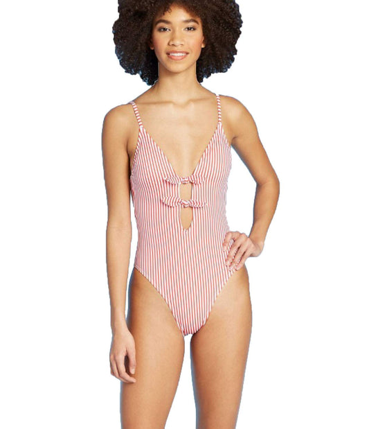 Xhilaration Juniors' Front Tie One Piece Swimsuit - Red Stripe - (Small)