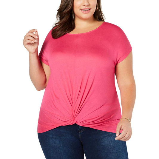 INC Womens Plus Twist Front Short Sleeve T-Shirt Pink 2X