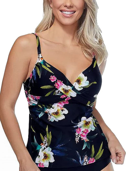 ISLAND ESCAPE Women's Black Tropical Print Stretch Full Bust Support Sweetheart Adjustable Tahiti Beach Tankini Swimsuit Top 6