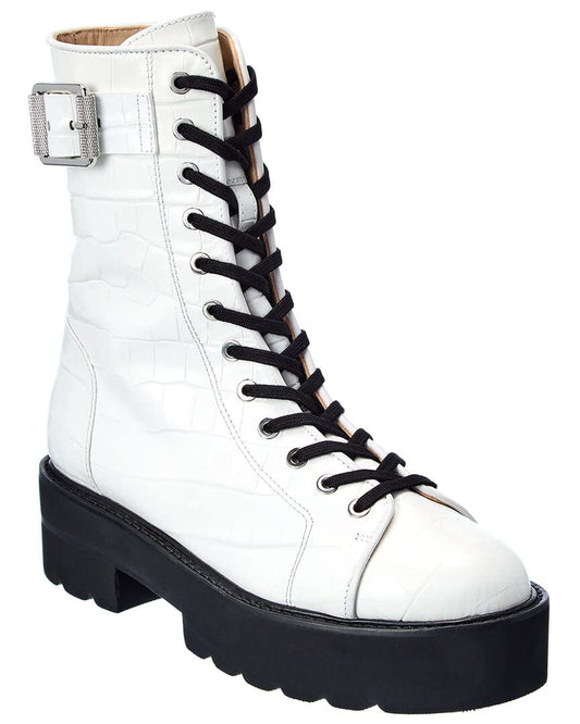 Stuart Weitzman Ryder Ultralift Croc-Embossed Leather Bootie, 8, White