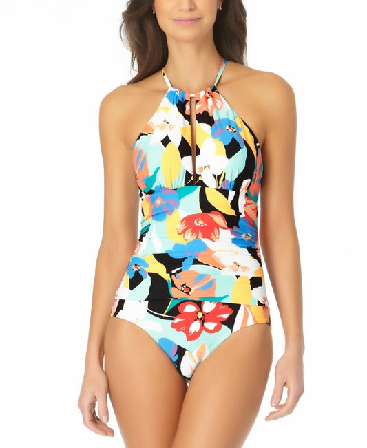 Anne Cole Modern Blooms HIGH Neck ONE Piece, 12