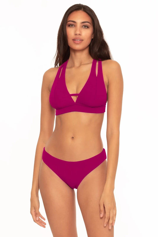 Becca by Rebecca Virtue Fine Line Rib Elaine Split Strap Halter Bra Top Pomegranate MD