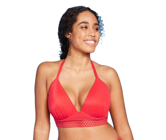 Shade & Shore Women's Light Lift Long Line Elastic Trim Triangle Bikini Top - Red - (32B)