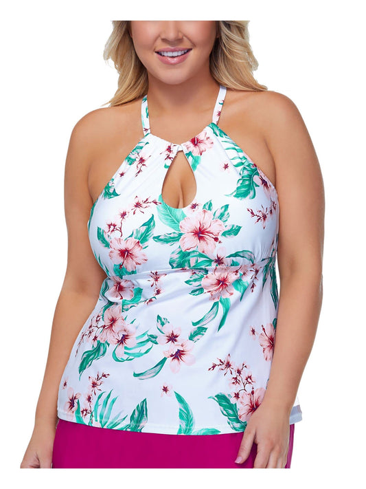 RAISINS CURVE Women's White Floral Underwire Removable Cups High Neck Tankini Swimsuit Top 16W, 16 Plus