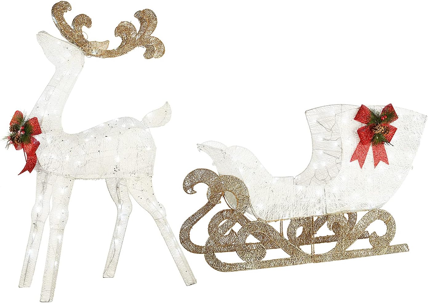 National Tree Company Prelit 48" White & Gold Sisal Reindeer and 24" Sleigh Outdoor Christmas Holiday Yard Decoration with 140 Cool White LED Lights