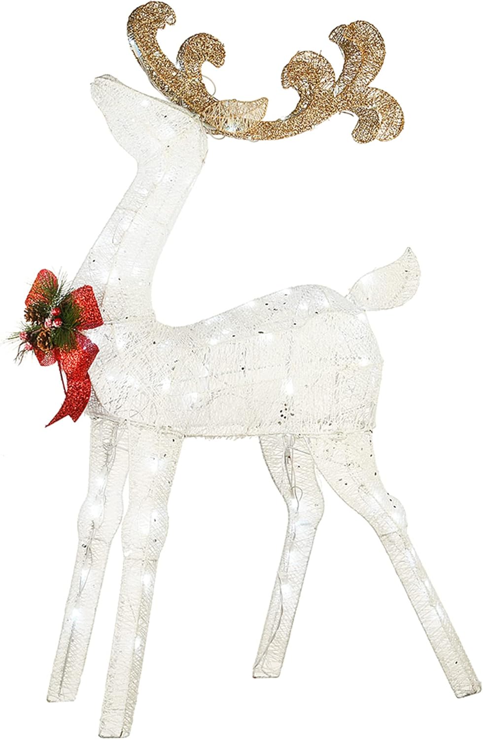 National Tree Company Prelit 48" White & Gold Sisal Reindeer and 24" Sleigh Outdoor Christmas Holiday Yard Decoration with 140 Cool White LED Lights