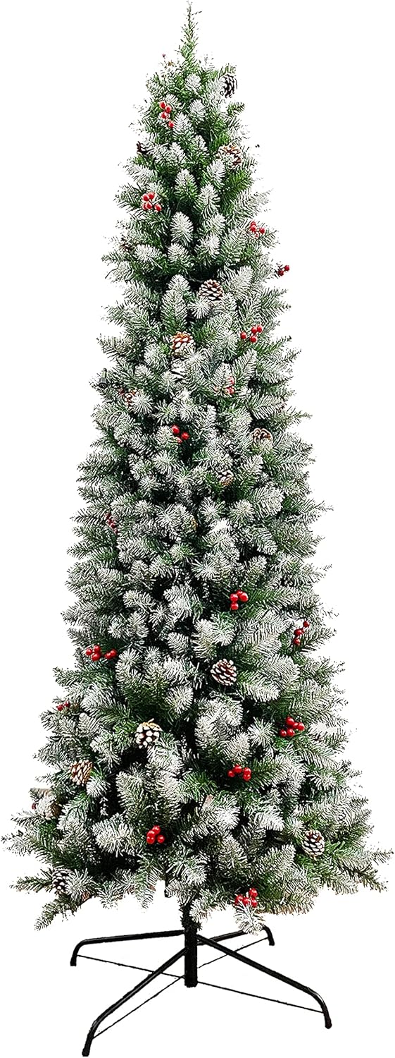 Perfect Holiday 4' Frosted Norwood Pencil Pine with Pine Cones/Red Berries | 188 Tips, Dia 18" Like New