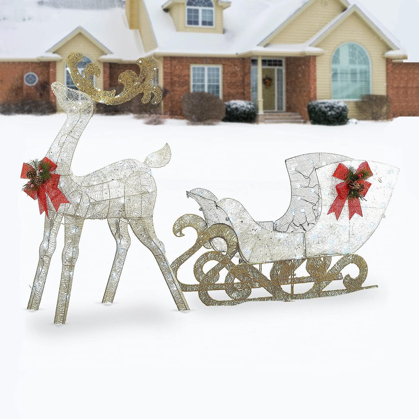 National Tree Company Prelit 48" White & Gold Sisal Reindeer and 24" Sleigh Outdoor Christmas Holiday Yard Decoration with 140 Cool White LED Lights