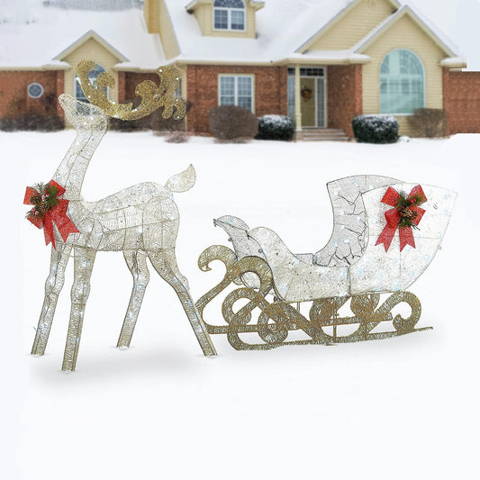 National Tree Company Prelit 48" White & Gold Sisal Reindeer and 24" Sleigh Outdoor Christmas Holiday Yard Decoration with 140 Cool White LED Lights