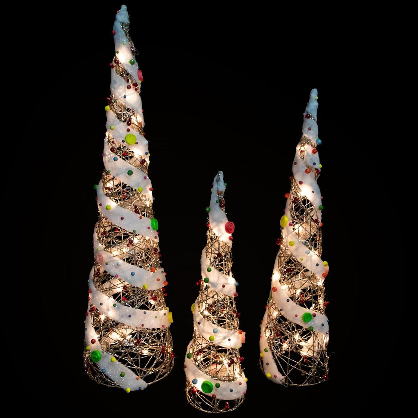 Northlight Set of 3 Lighted Champagne Gold Rattan Candy Covered Cone Tree Christmas Outdoor Decorations 39.25"