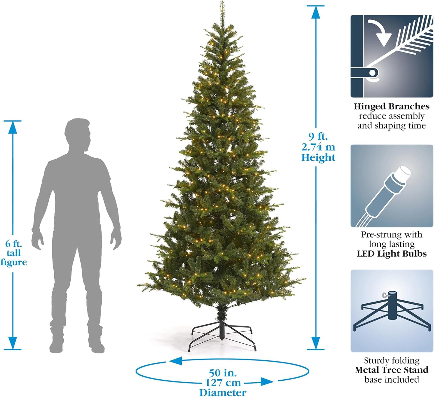 Seasonal LLC Valley Pine Christmas Tree | 7FT | 38" Diameter | Pre-Strung with 350 Warm White LED Lights | Fire-Resistant and Non-allergenic | Energy Efficient and Long-Lasting LED Bulbs