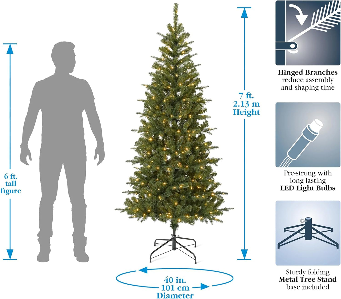 Seasonal LLC Valley Pine Christmas Tree | 7FT | 38" Diameter | Pre-Strung with 350 Warm White LED Lights | Fire-Resistant and Non-allergenic | Energy Efficient and Long-Lasting LED Bulbs