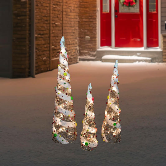 Northlight Set of 3 Lighted Champagne Gold Rattan Candy Covered Cone Tree Christmas Outdoor Decorations 39.25"