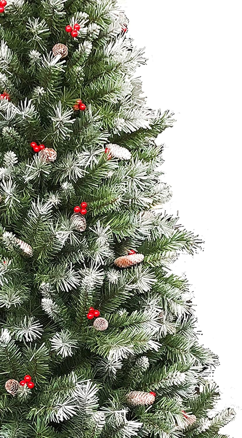 Perfect Holiday 6.5' Frosted Iceland Mixed Pine with Pine Cones/Red Berries | 818 Tips, Dia 40"