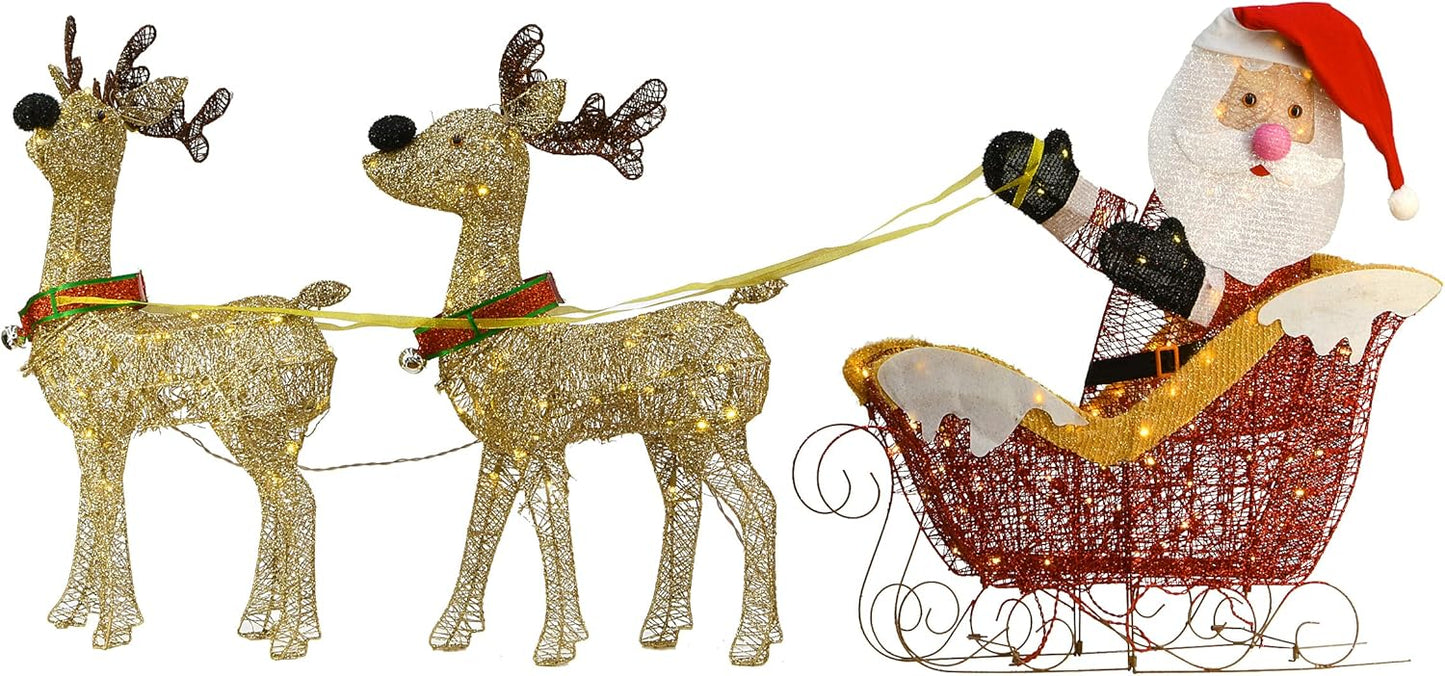 National Tree Company Pre Lit Santa and Reindeer Decoration, Includes Santa, Two Reindeer, Prestrung with 225 Warm White LED Lights, Christmas Collection, 33 Inches