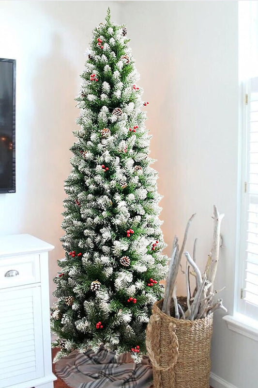 Perfect Holiday 4' Frosted Norwood Pencil Pine with Pine Cones/Red Berries | 188 Tips, Dia 18" Like New