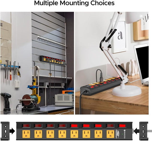 CRST 8 Outlet Metal Surge Protector Power Strip with Individual Switches, 15A Circuit Breaker 1200 Joules Protection 6FT Extension Cord and Mountable Kits Included