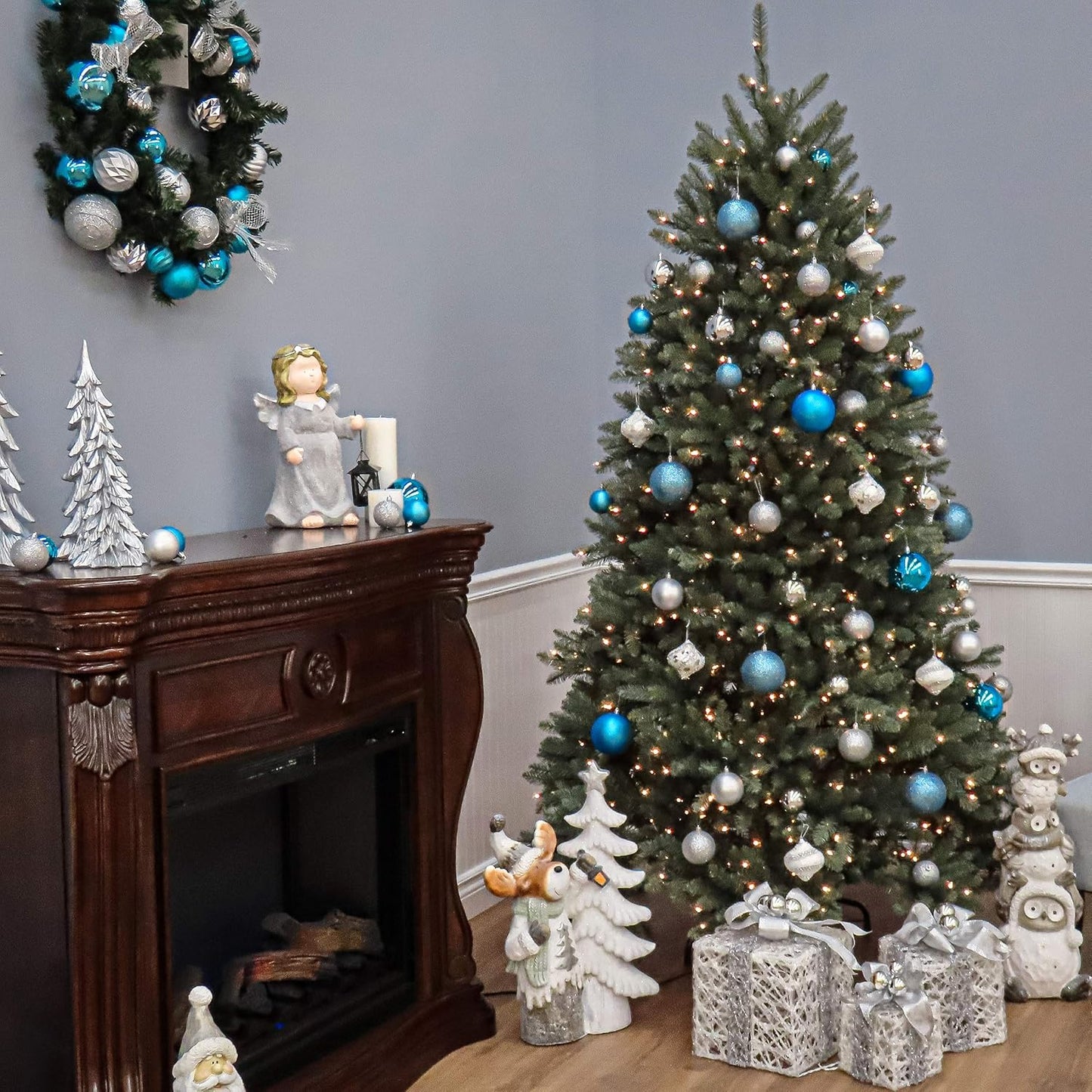 National Tree Company Pre-Lit Artificial Full Christmas Tree, Blue, Dunhill Fir, White Lights, Includes Stand, 7.5 Feet