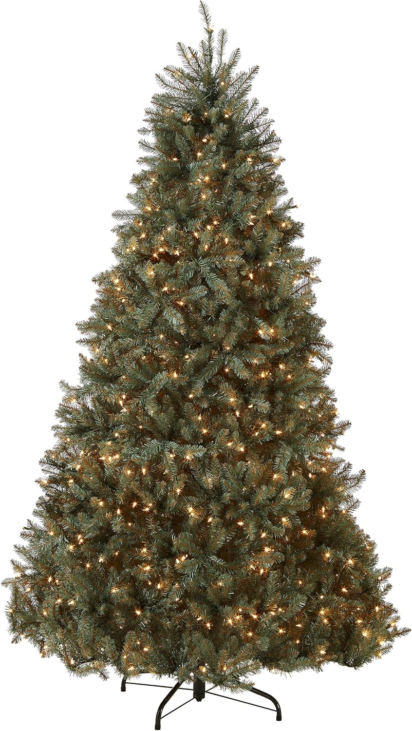 National Tree Company Pre-Lit Artificial Full Christmas Tree, Blue, Dunhill Fir, White Lights, Includes Stand, 7.5 Feet